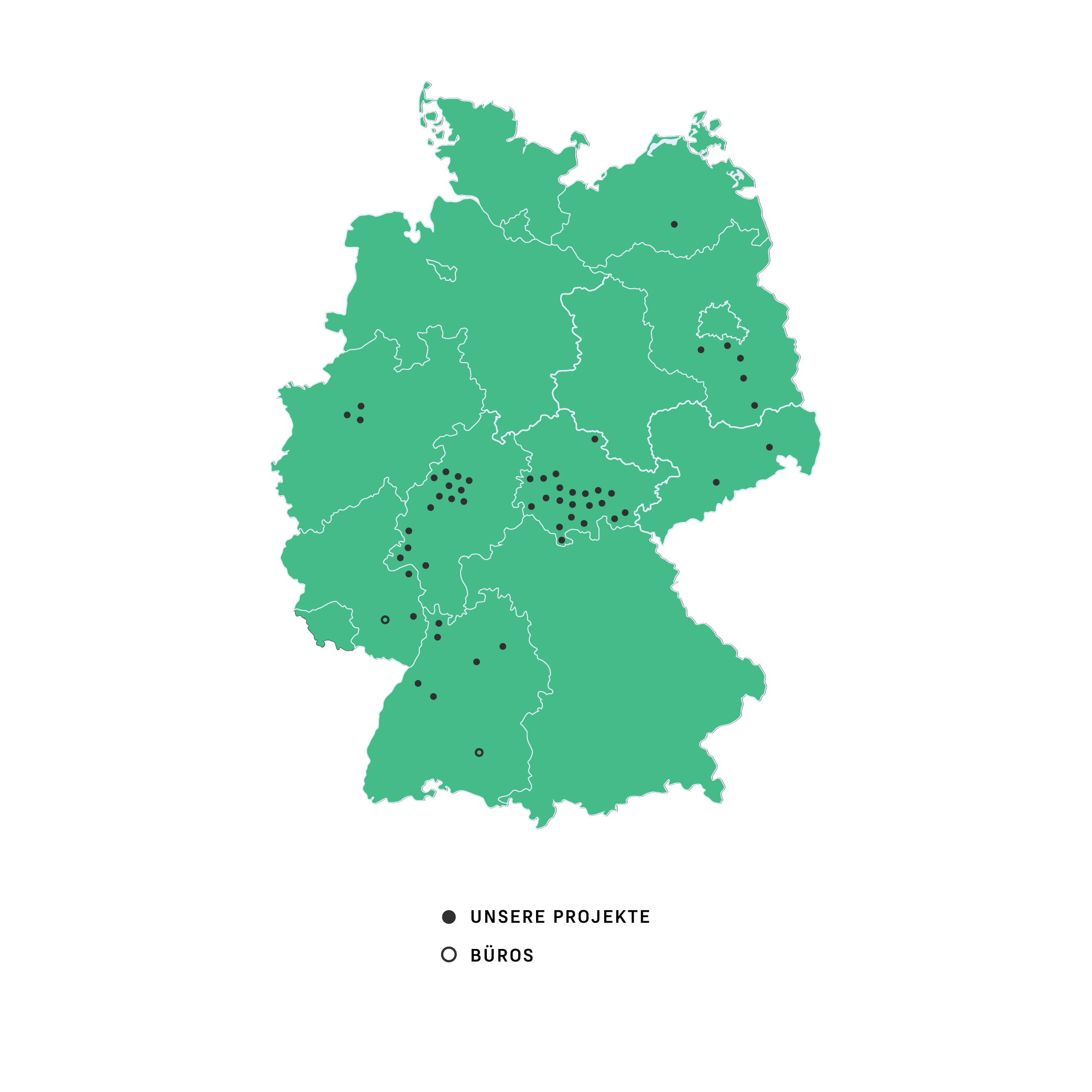 Anzeige eine Map mit den vertretenen Kommunen und Büros